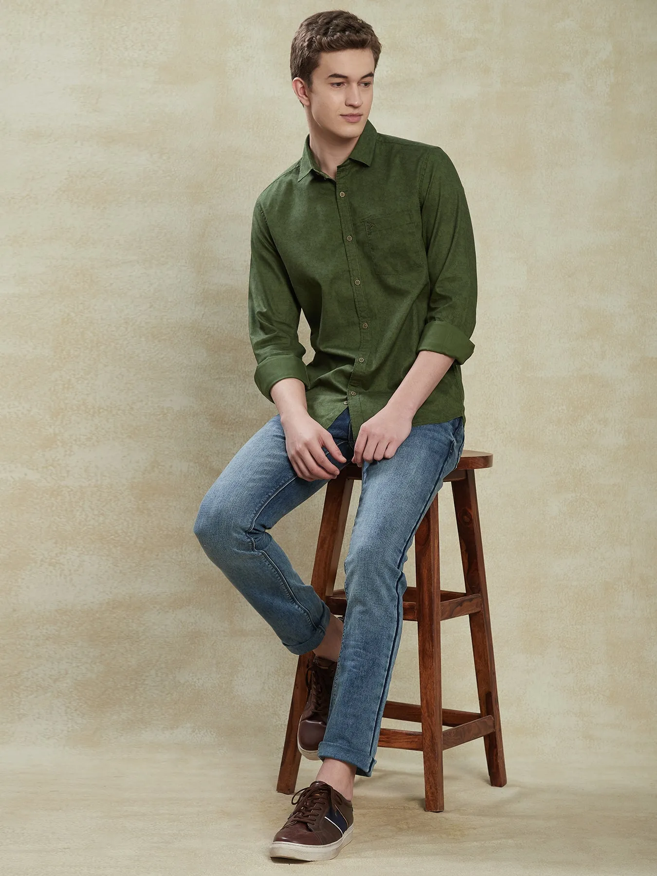 100% Cotton Olive Green Printed Slim Fit Full Sleeve Casual Shirt
