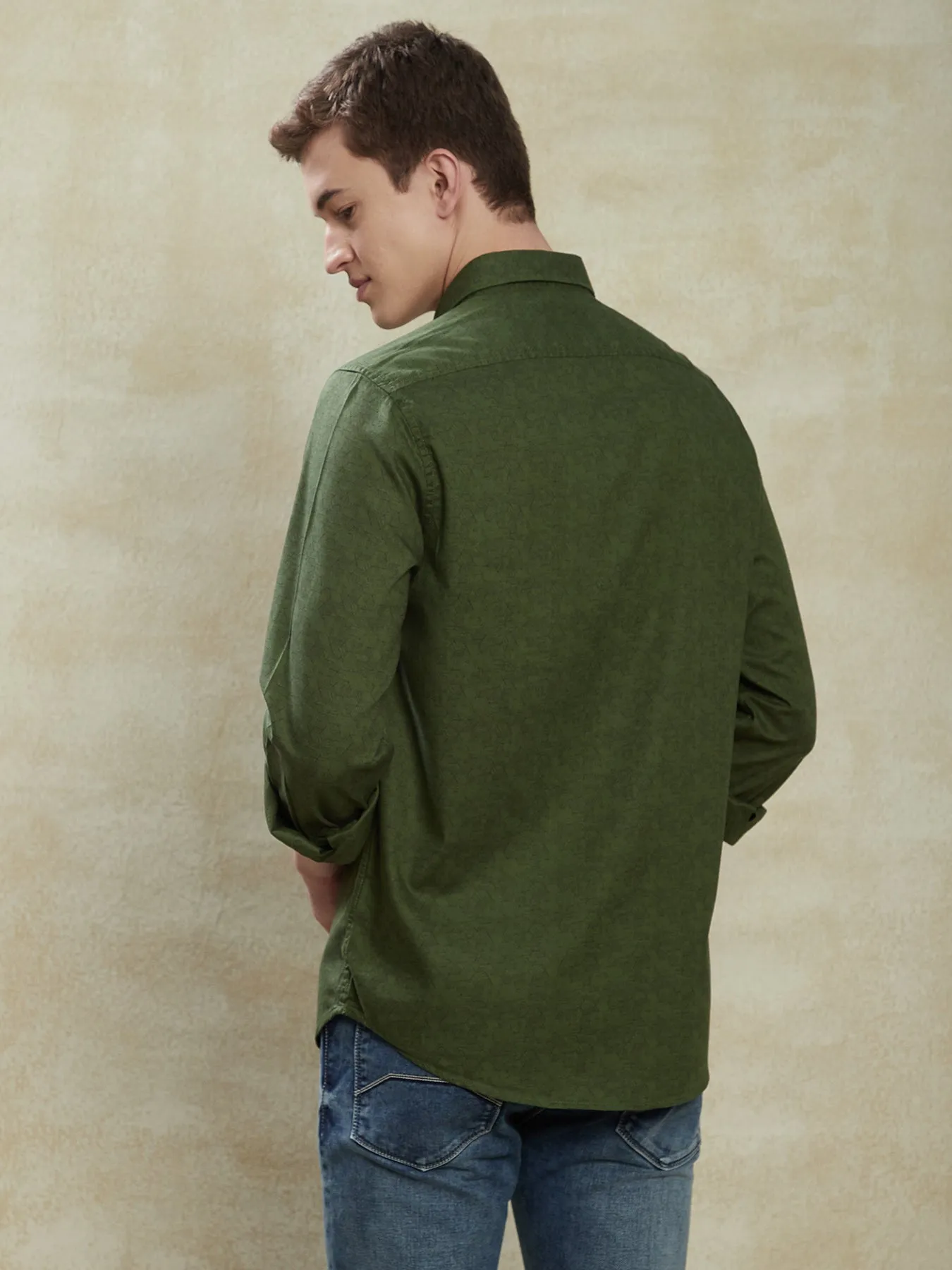 100% Cotton Olive Green Printed Slim Fit Full Sleeve Casual Shirt
