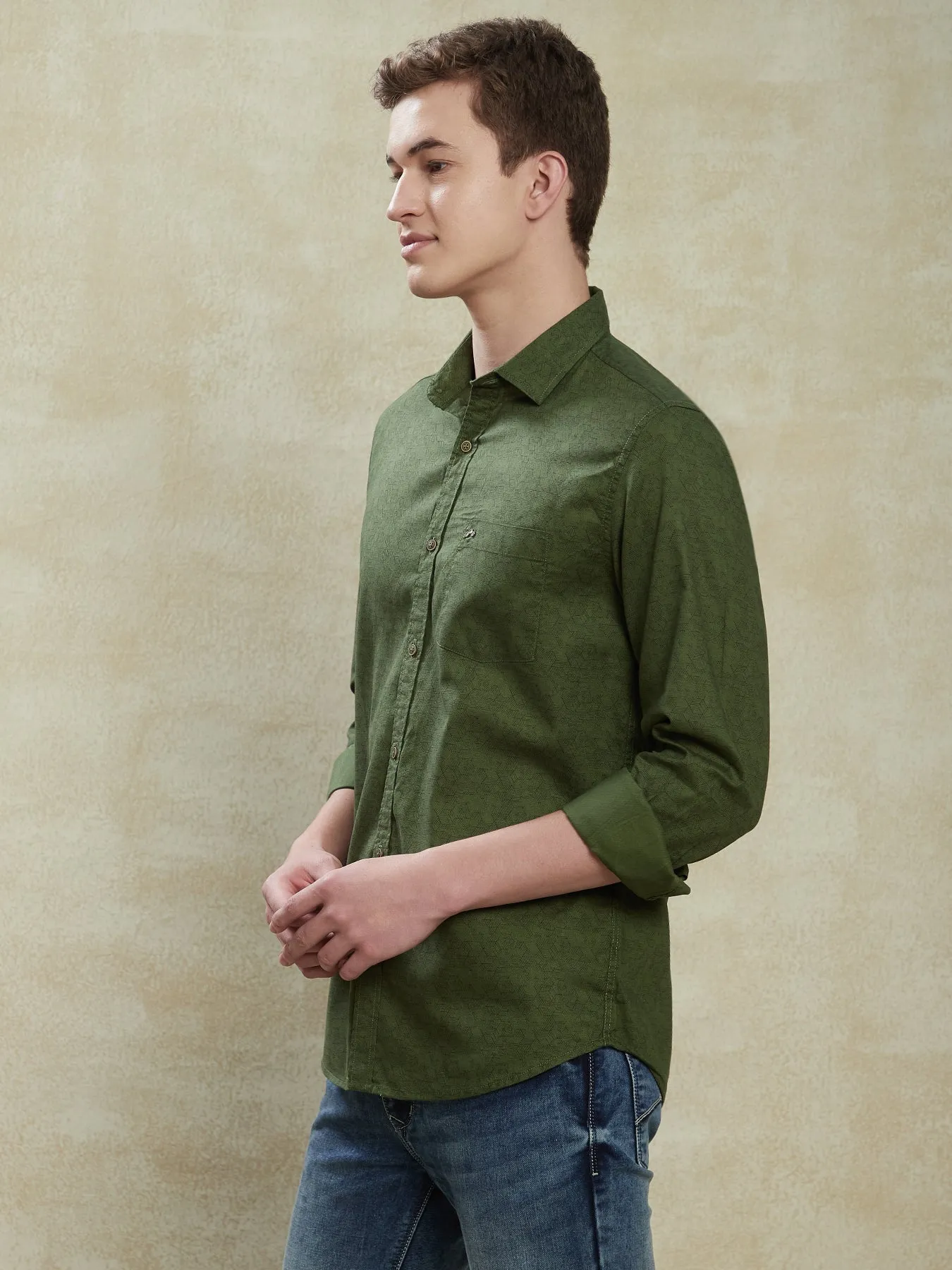 100% Cotton Olive Green Printed Slim Fit Full Sleeve Casual Shirt