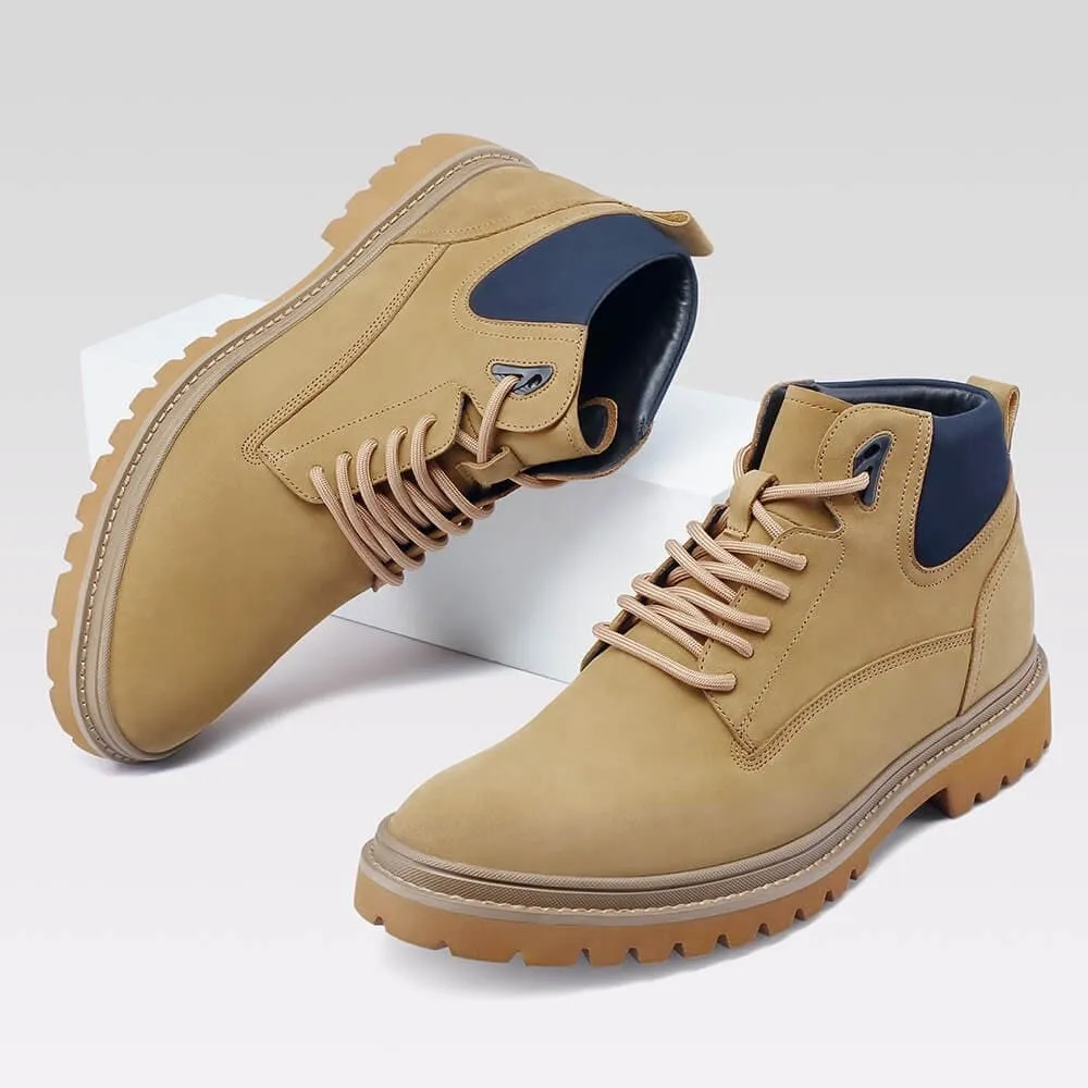 7 CM / 2.76 Inches CMR CHAMARIPA Height Increasing Shoes - Yellow Nubuck Leather Elevator Boots for Men