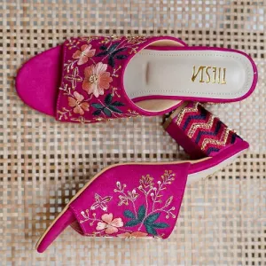 Adina (Pink, Magenta hand embroidered blocks heels)