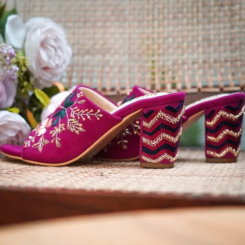 Adina (Pink, Magenta hand embroidered blocks heels)