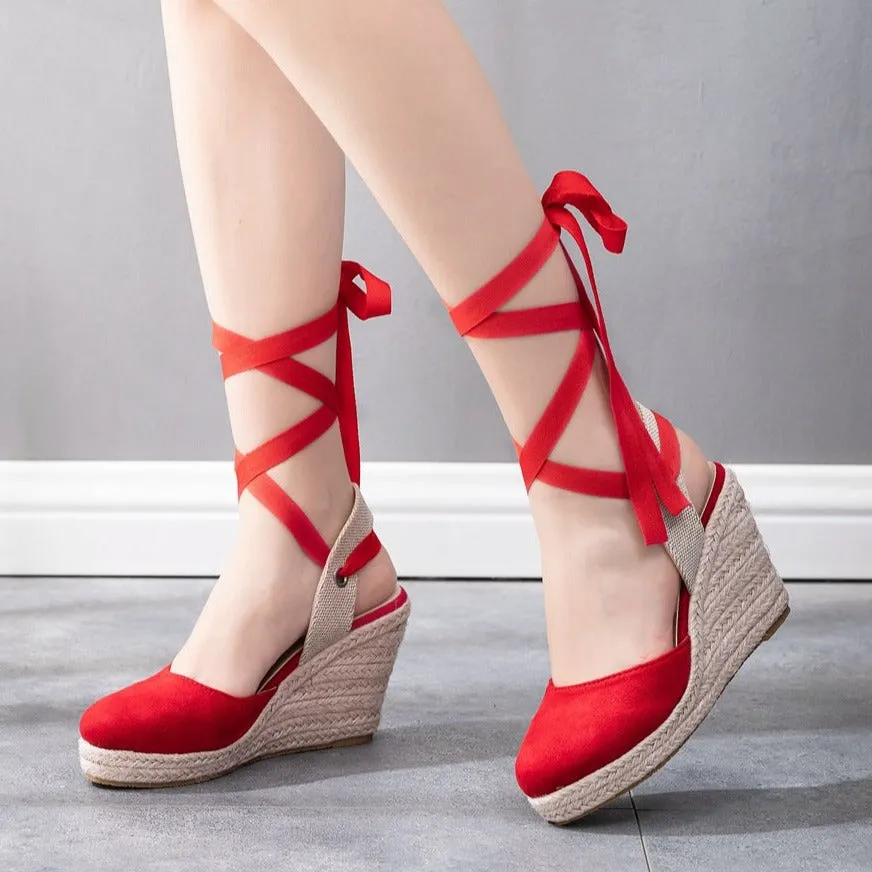 Ankle tie-up espadrille wedge sandals