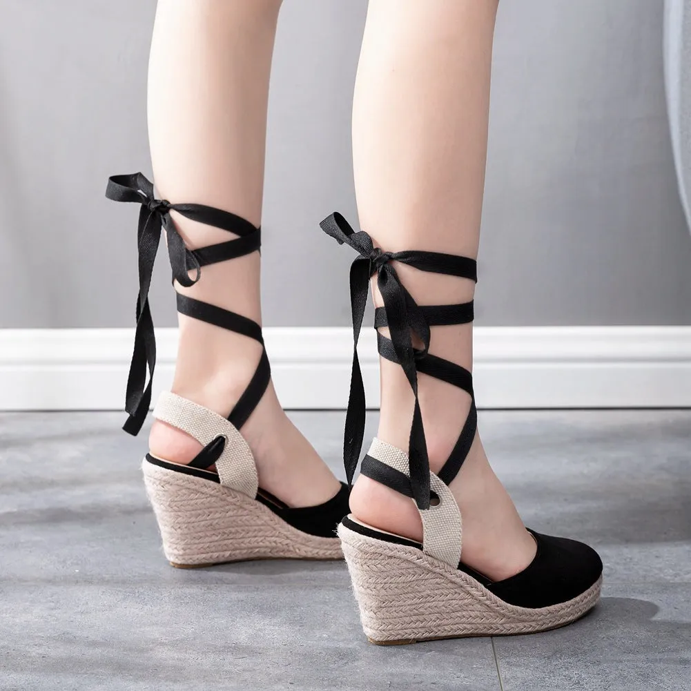 Ankle tie-up espadrille wedge sandals
