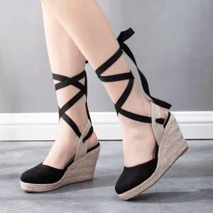 Ankle tie-up espadrille wedge sandals