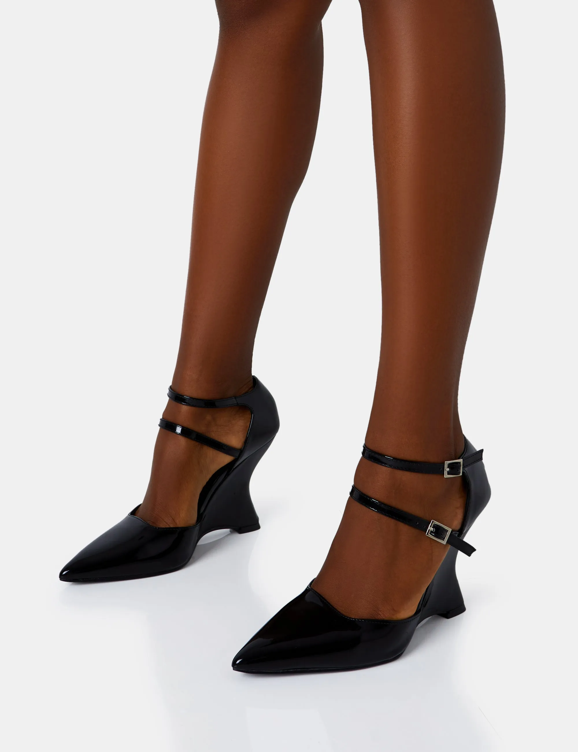 Aspiration Black Patent Strappy Pointed Toe Platform Cut Out Wedge Heels