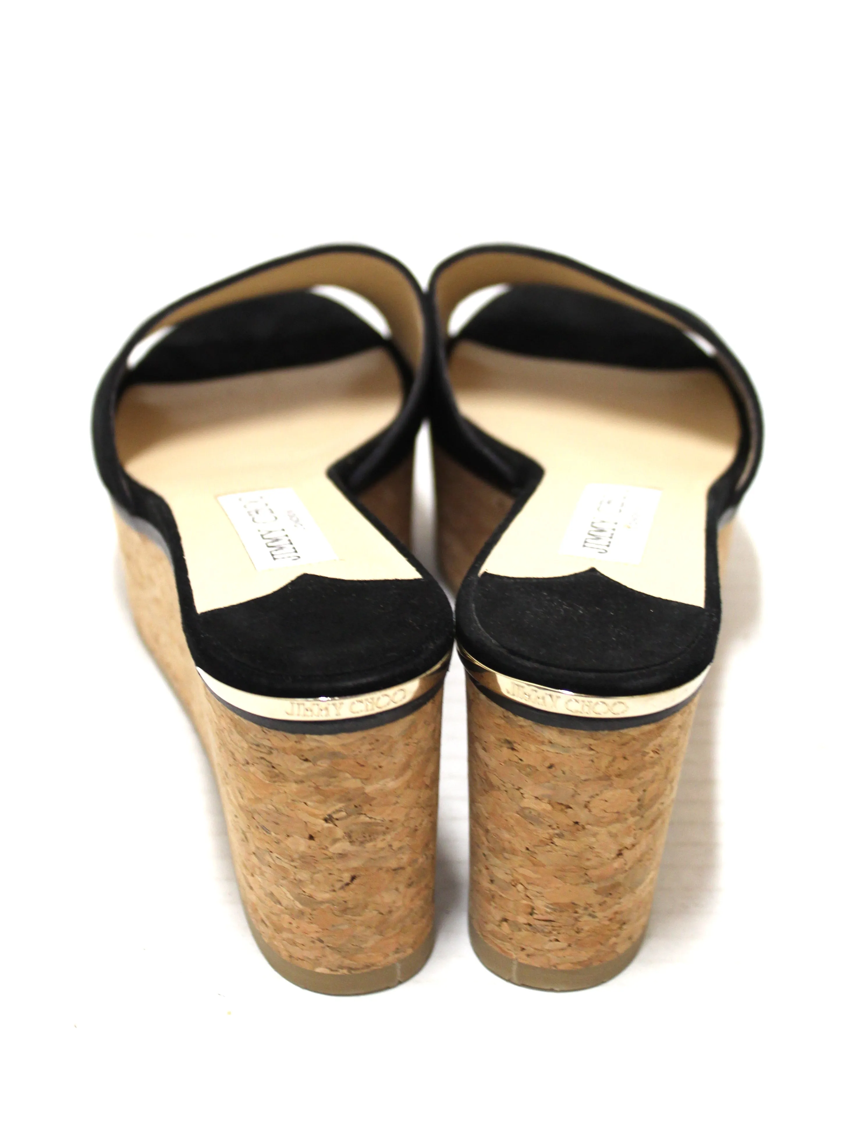 Authentic Jimmy Choo Black Suede Leather Cork Wedge Platform Heel Shoes size 39