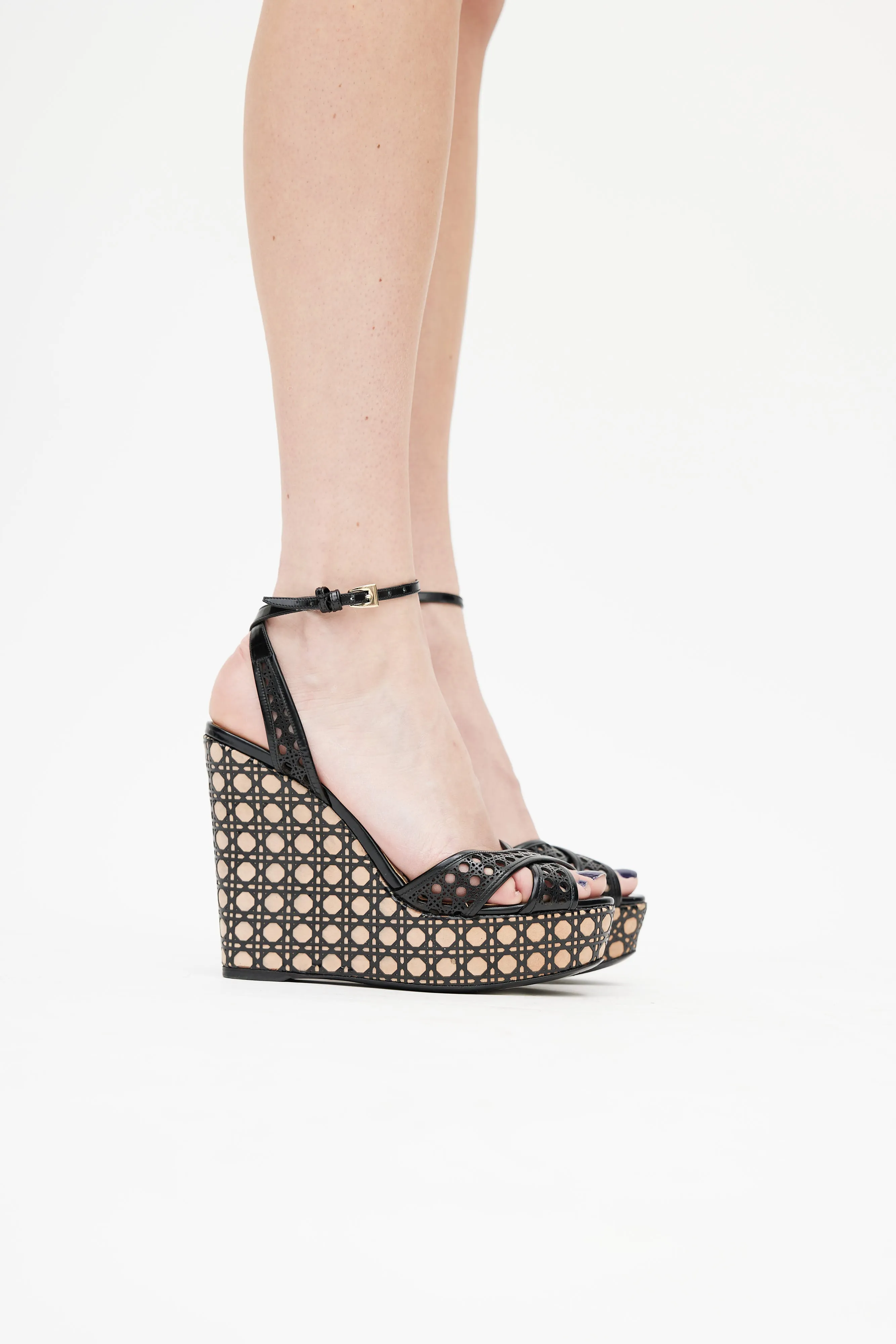 Black & Beige Cannage Wedge Heel