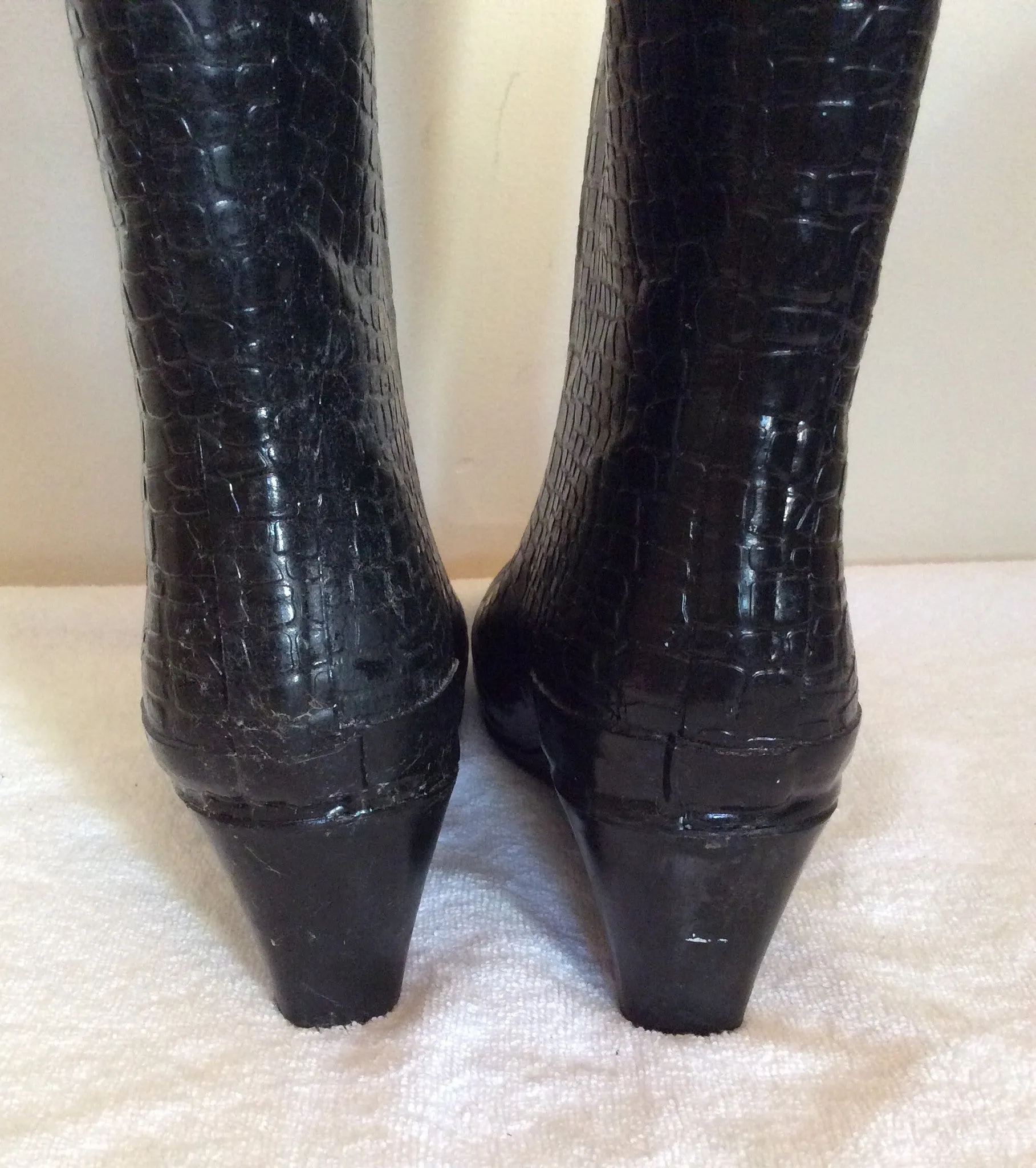 Black Crocodile Print Wedge Heel Wellington Boots Size 6/39