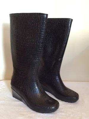Black Crocodile Print Wedge Heel Wellington Boots Size 6/39