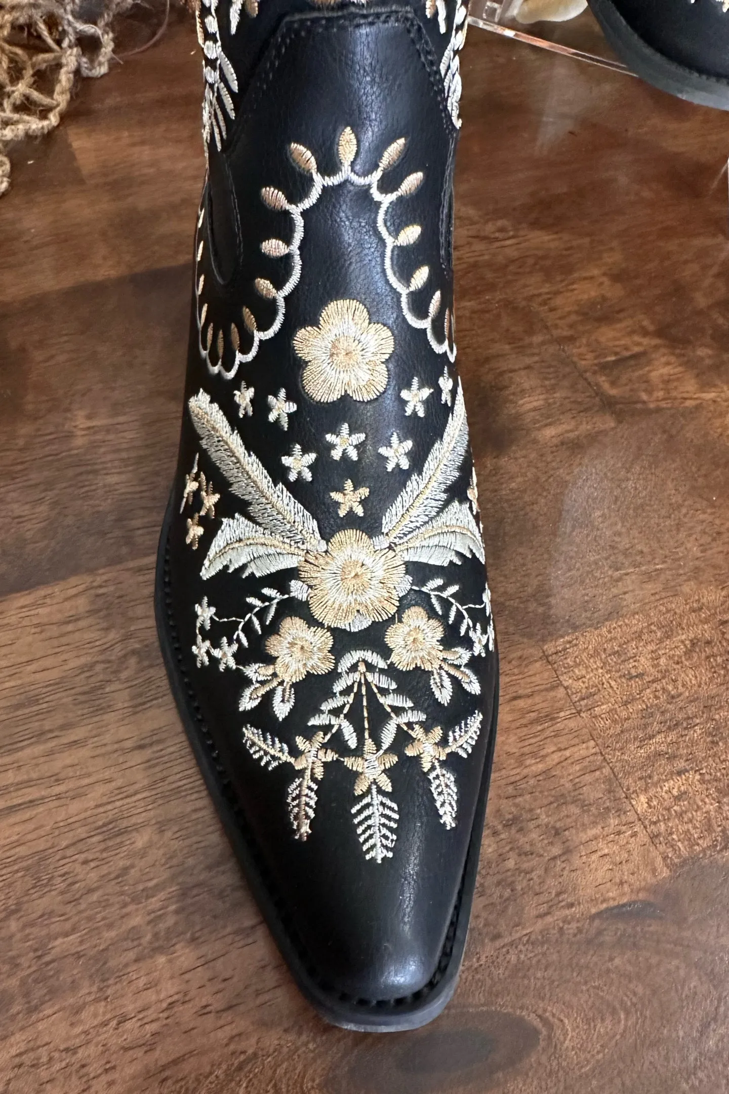 Black Floral Embroidered Short Boot