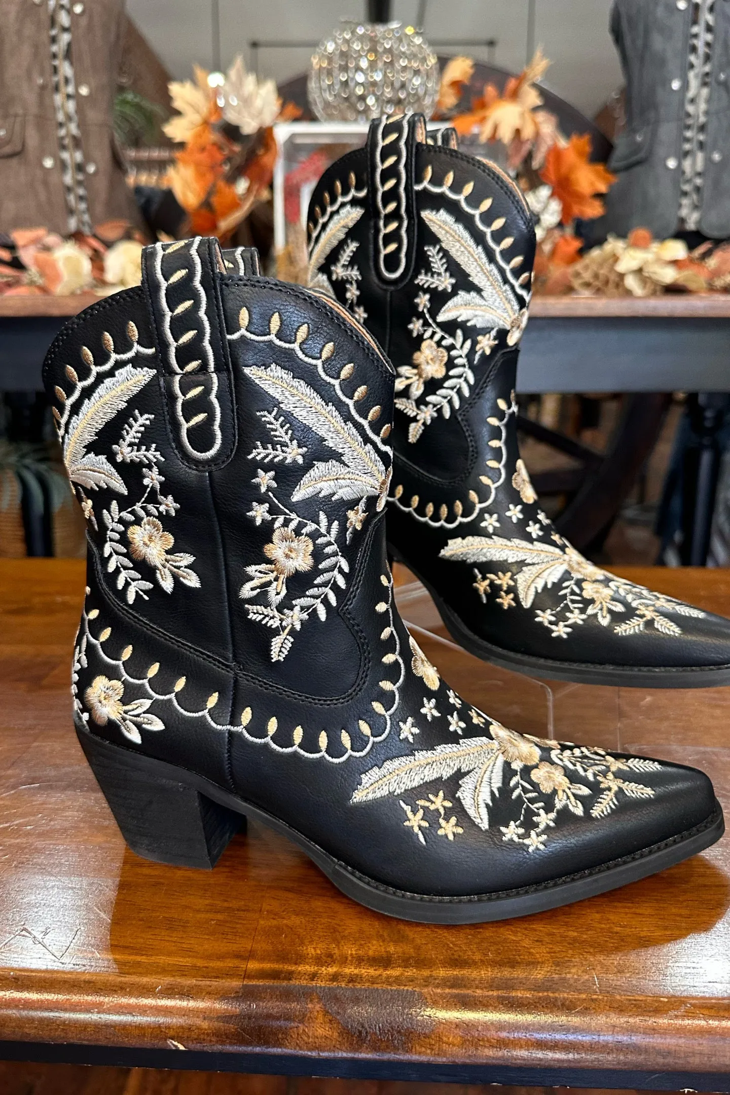 Black Floral Embroidered Short Boot