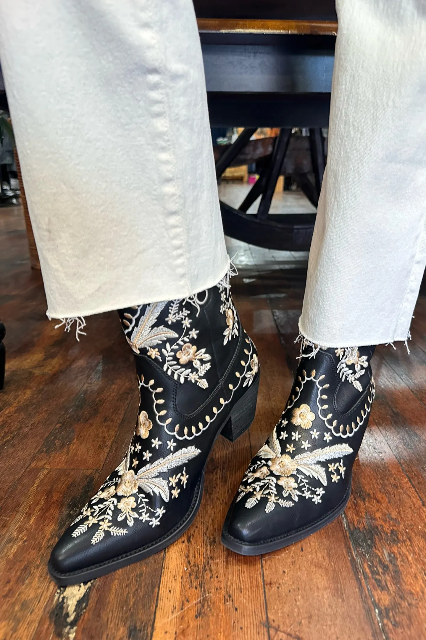 Black Floral Embroidered Short Boot