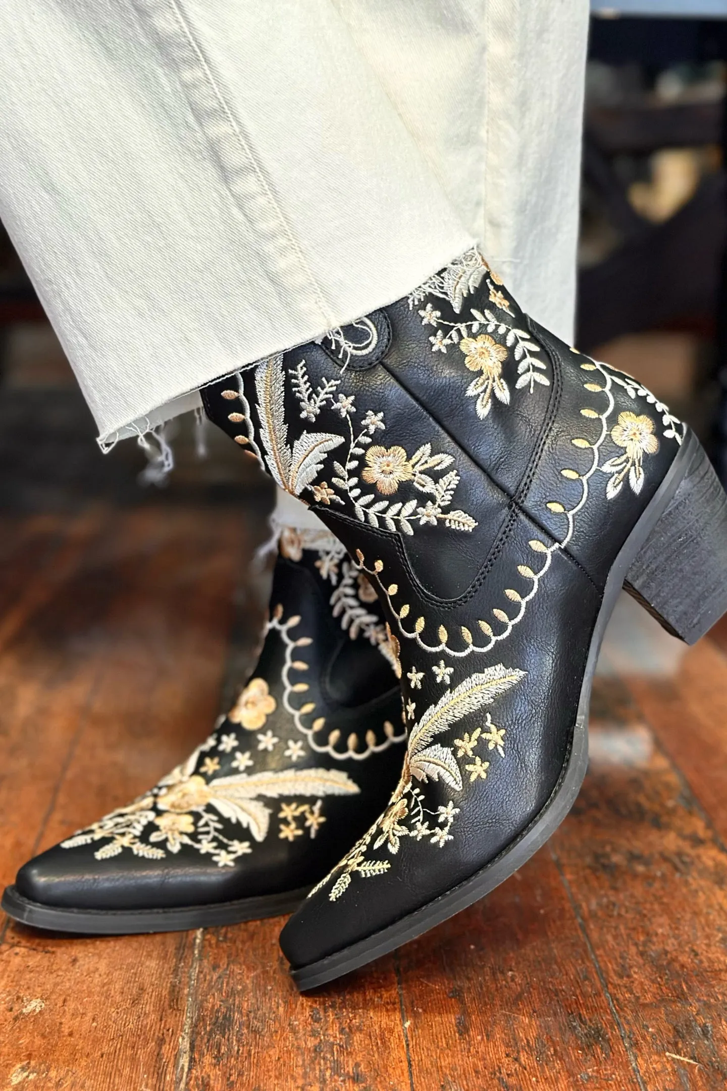 Black Floral Embroidered Short Boot