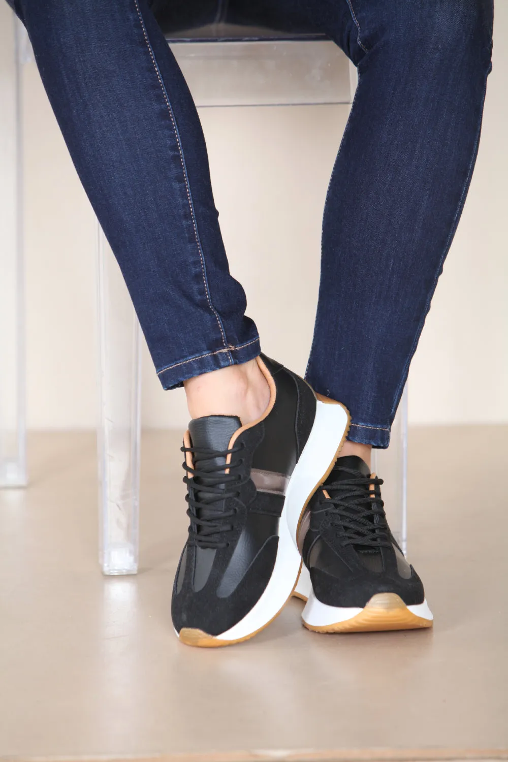 BLACK METALLIC STRIPE LACE UP TRAINERS