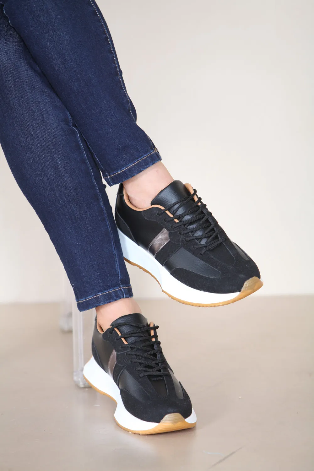 BLACK METALLIC STRIPE LACE UP TRAINERS