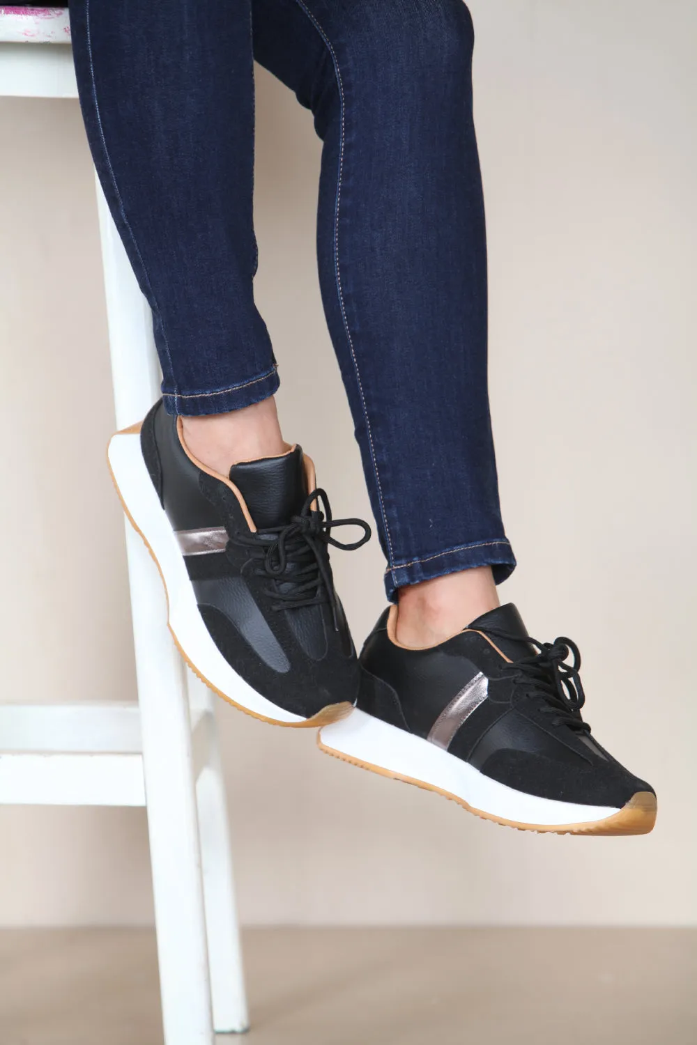 BLACK METALLIC STRIPE LACE UP TRAINERS