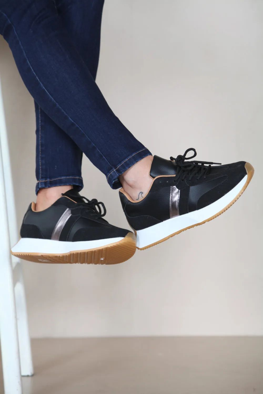 BLACK METALLIC STRIPE LACE UP TRAINERS