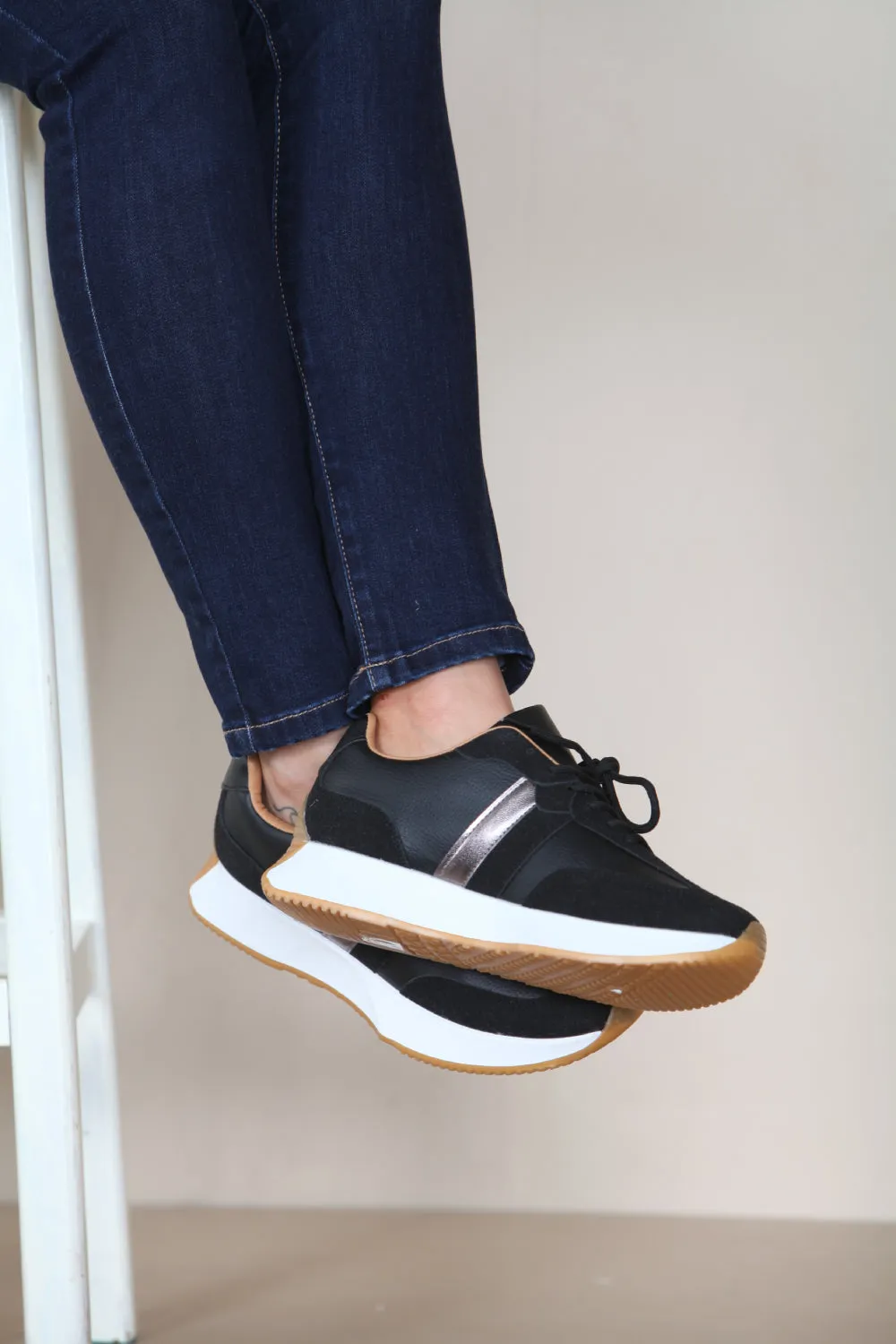 BLACK METALLIC STRIPE LACE UP TRAINERS