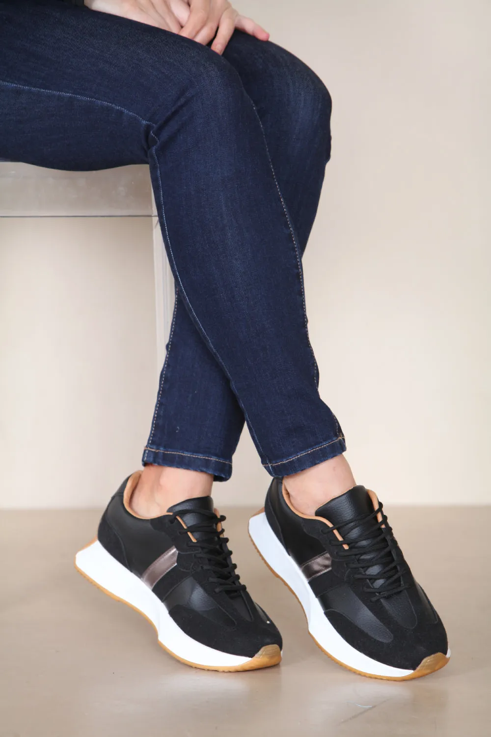 BLACK METALLIC STRIPE LACE UP TRAINERS