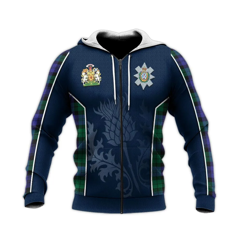 Black Watch Modern Tartan Knitted Hoodie with Family Crest and Scottish Thistle Vibes Sport Style