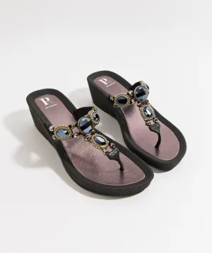 Black Wedged Heel Sandal with Tonal Crystal Embellishments