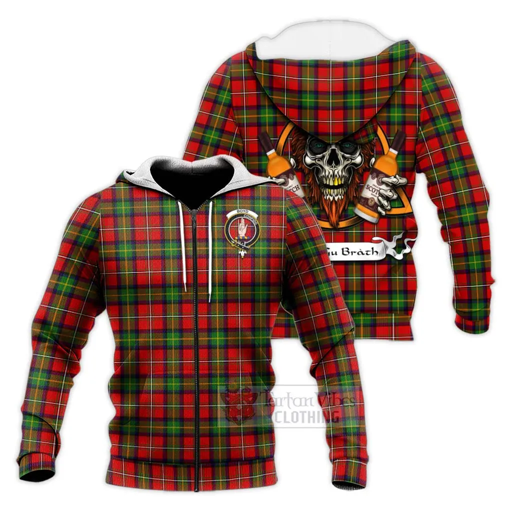 Boyd Tartan Knitted Hoodie with Family Crest and Bearded Skull Holding Bottles of Whiskey