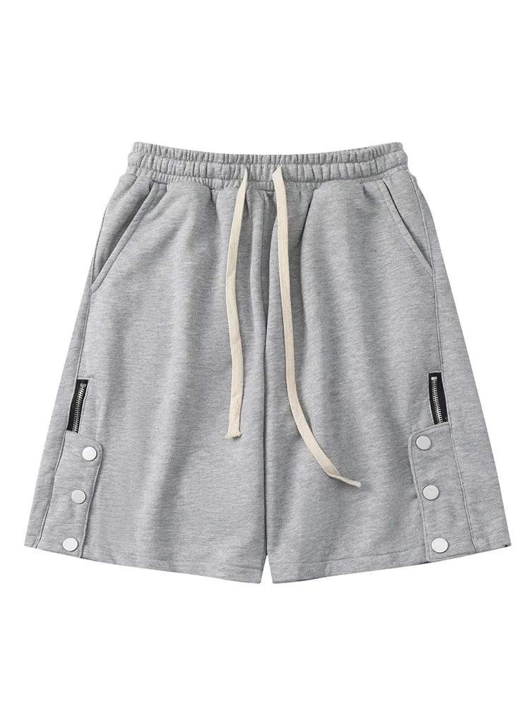 Casual Side Zippered Breasted Solid Color Buttoned Drawstring Shorts
