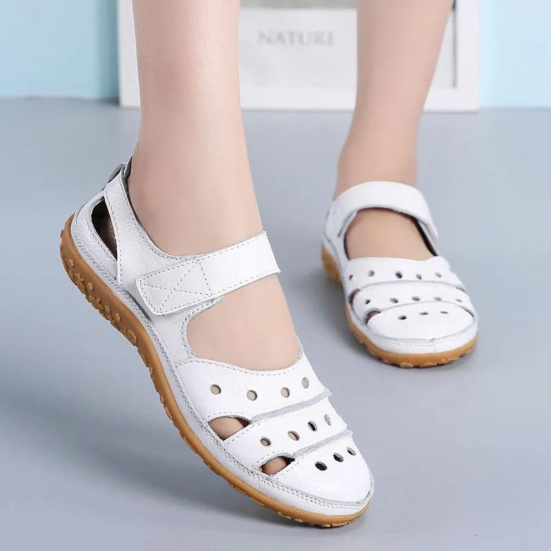 Chicvane Cut Out Velcro Closure Leather Round Toe Wedge Sandals