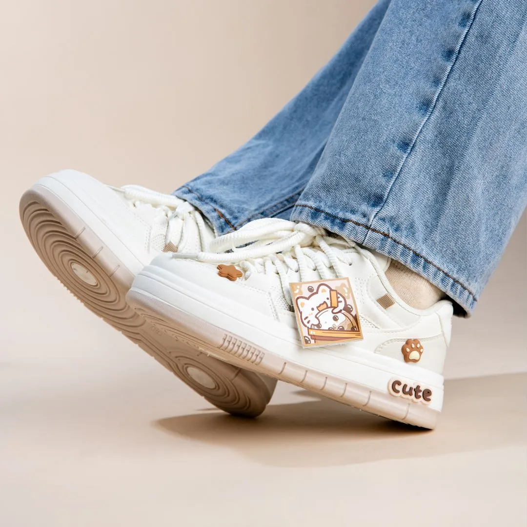 *CLEARANCE* Boba Lovin Kitty Chunky White Sneakers - Women's