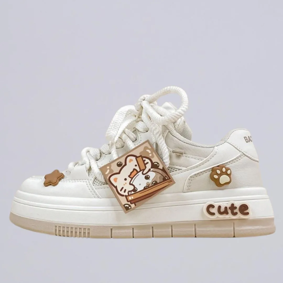 *CLEARANCE* Boba Lovin Kitty Chunky White Sneakers - Women's