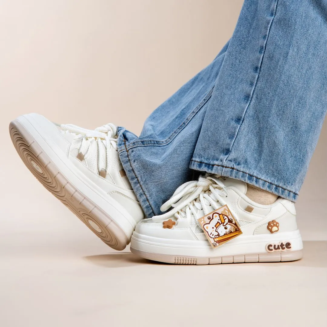 *CLEARANCE* Boba Lovin Kitty Chunky White Sneakers - Women's