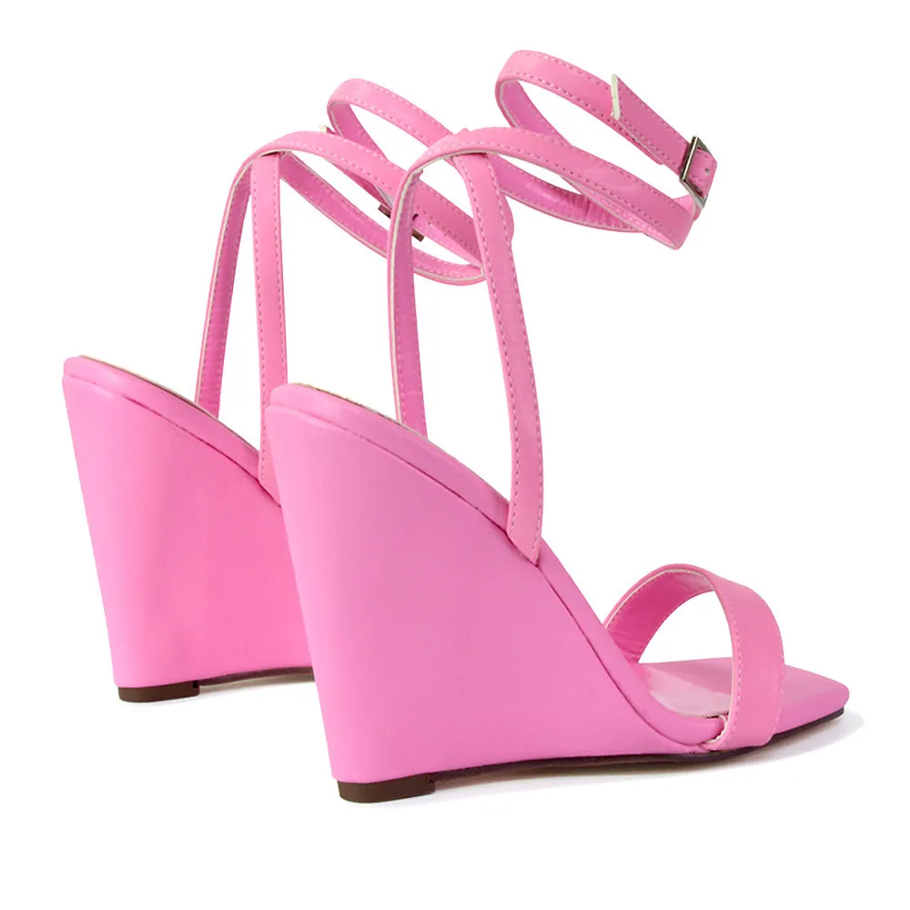 Collins Strappy Ankle Strap Wedge High Heels Square Toe Shoes in Lilac
