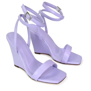 Collins Strappy Ankle Strap Wedge High Heels Square Toe Shoes in Lilac