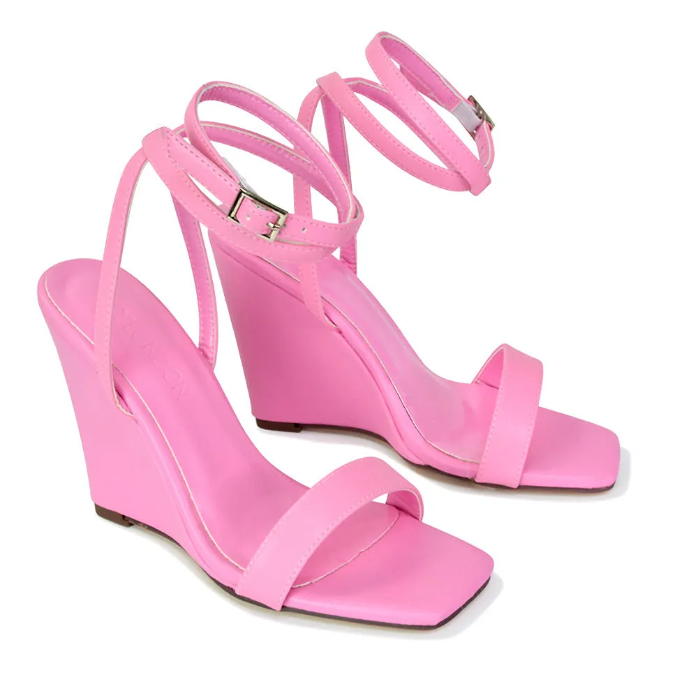 Collins Strappy Ankle Strap Wedge High Heels Square Toe Shoes in Lilac