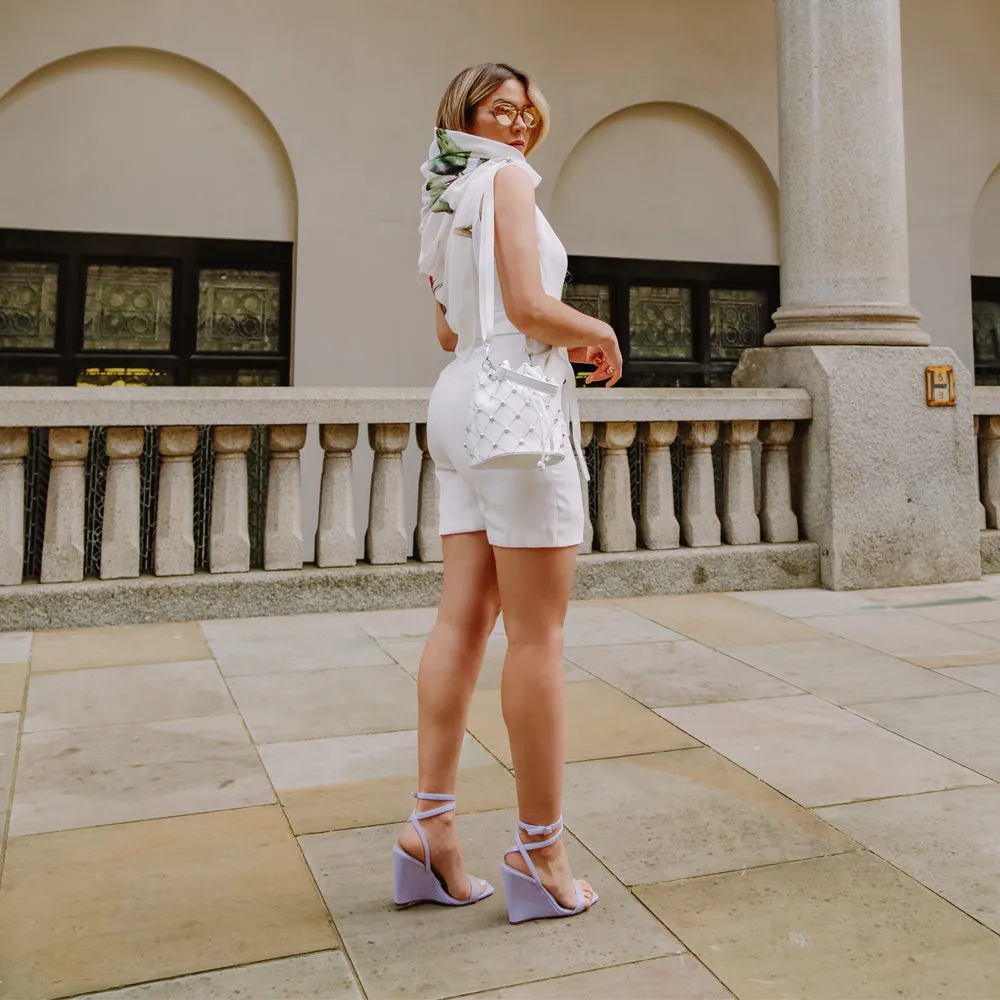 Collins Strappy Ankle Strap Wedge High Heels Square Toe Shoes in Lilac