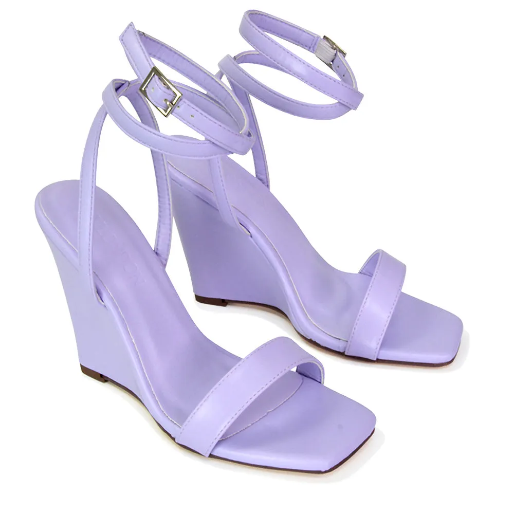 Collins Strappy Ankle Strap Wedge High Heels Square Toe Shoes in Lilac