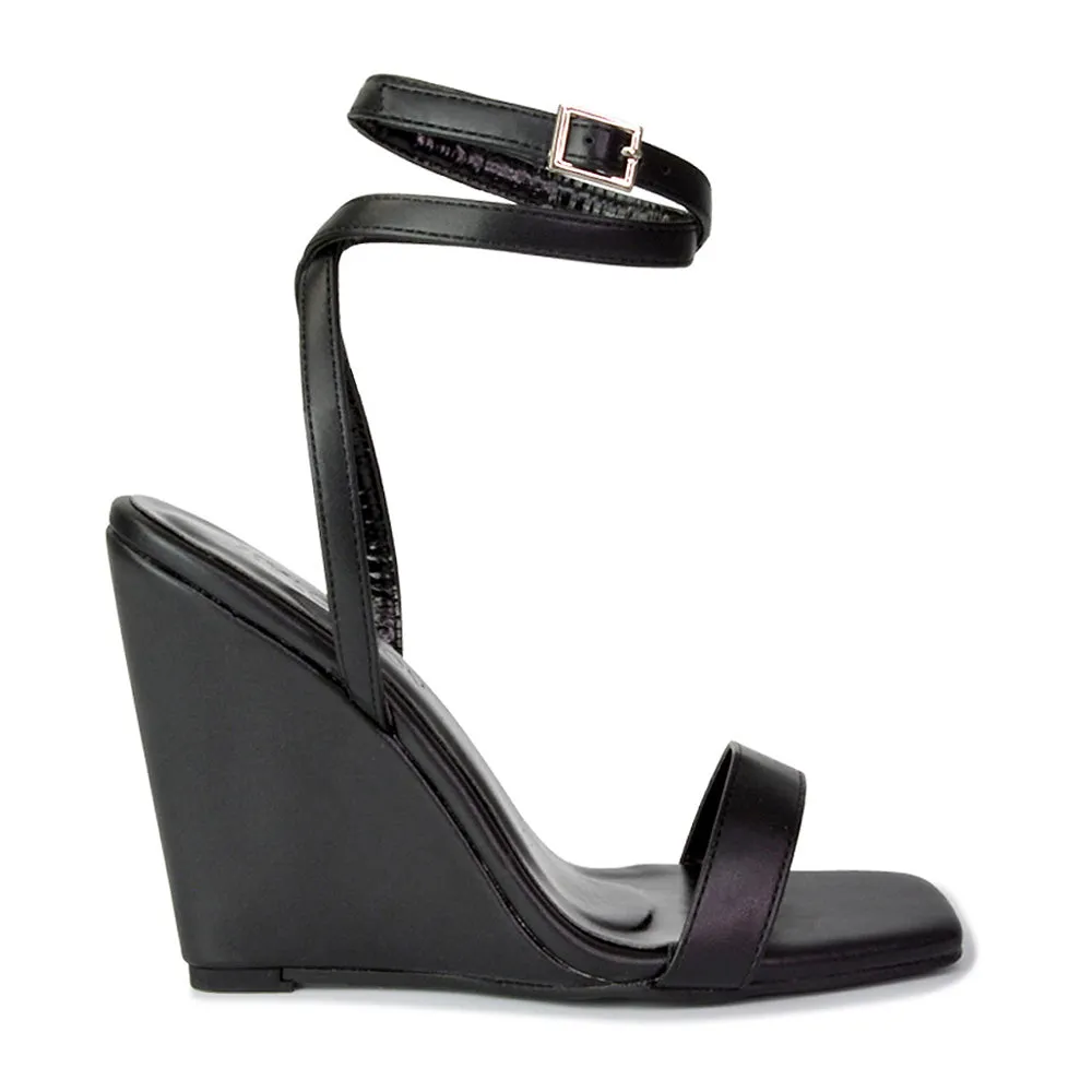 Collins Strappy Ankle Strap Wedge High Heels Square Toe Shoes in Lilac