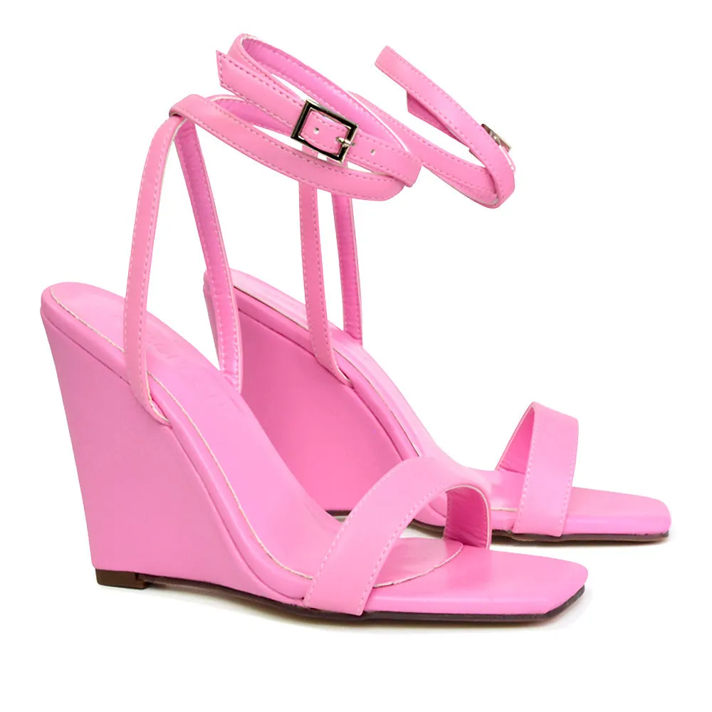 Collins Strappy Ankle Strap Wedge High Heels Square Toe Shoes in Lilac