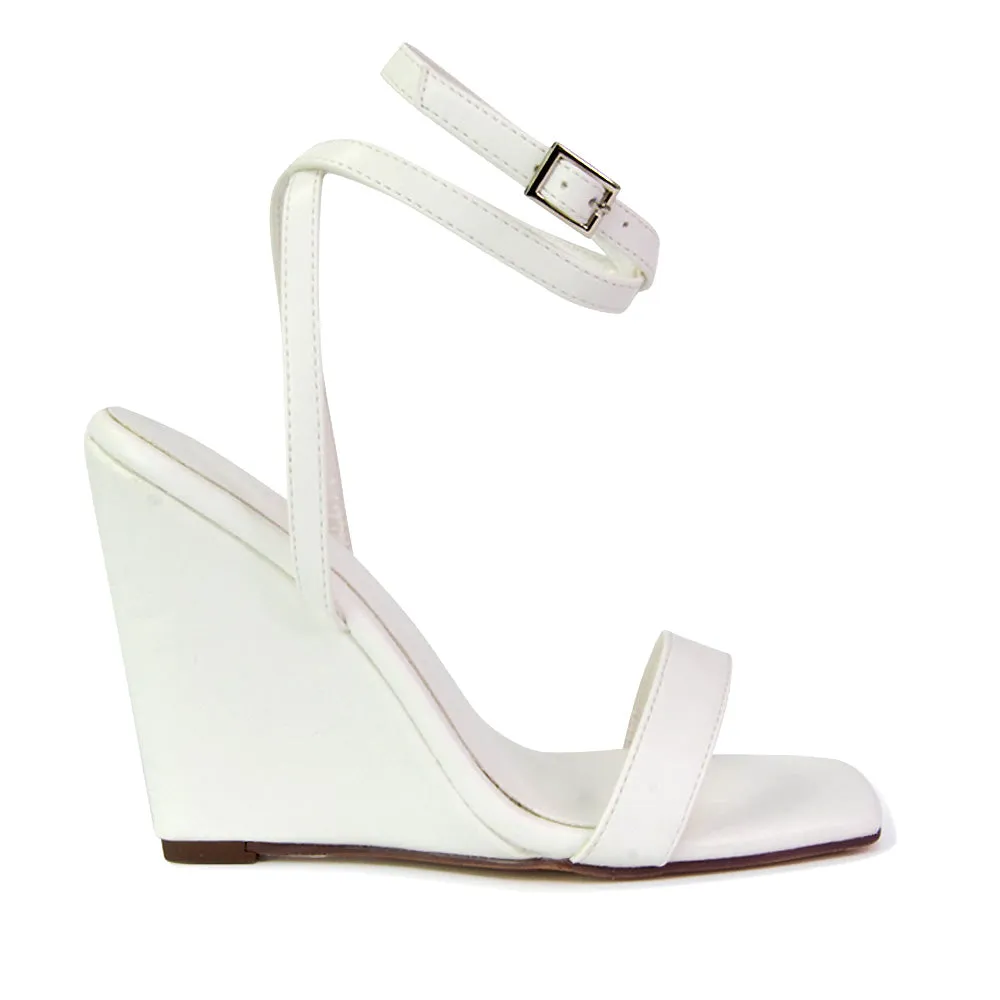 Collins Strappy Ankle Strap Wedge High Heels Square Toe Shoes in Lilac