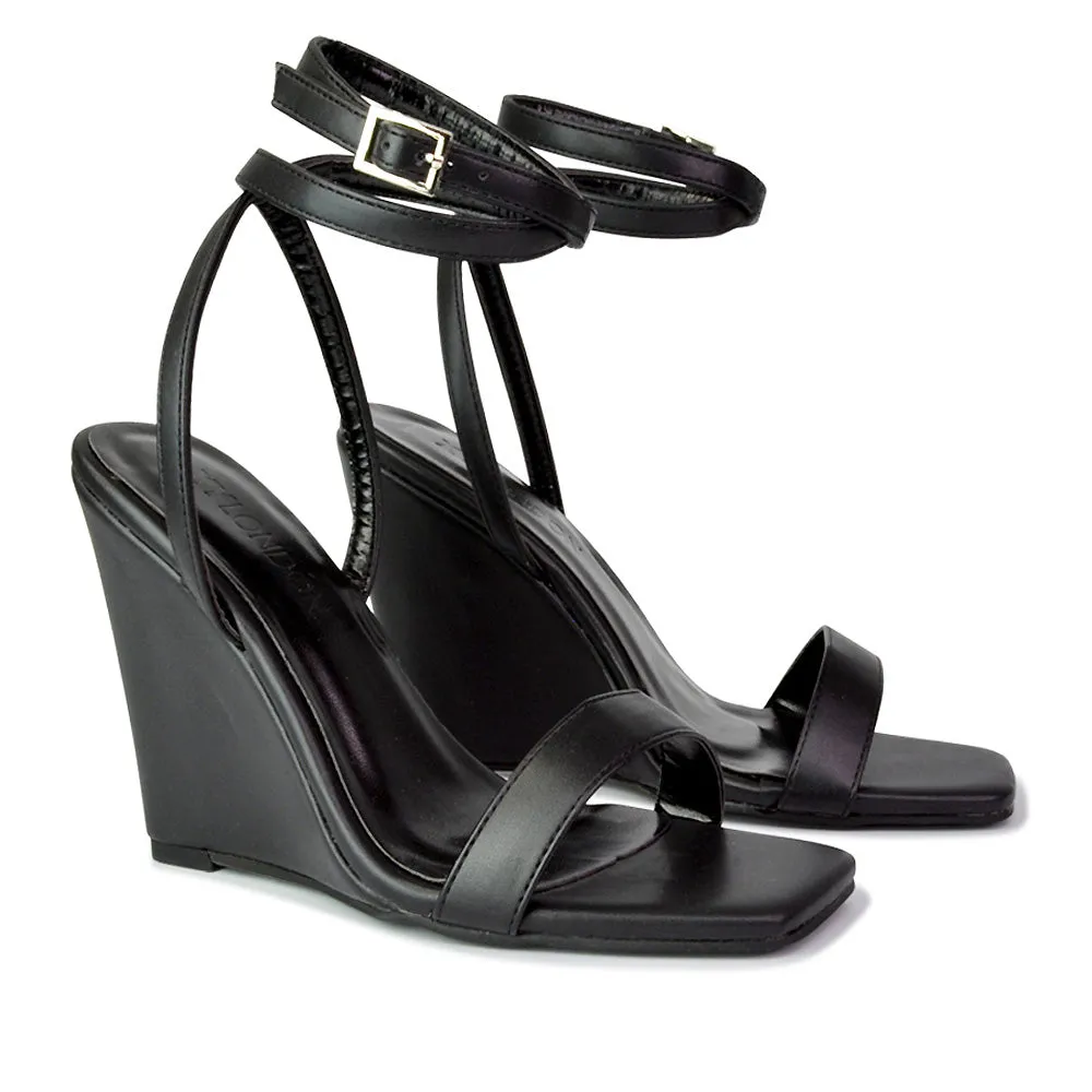 Collins Strappy Ankle Strap Wedge High Heels Square Toe Shoes in Lilac
