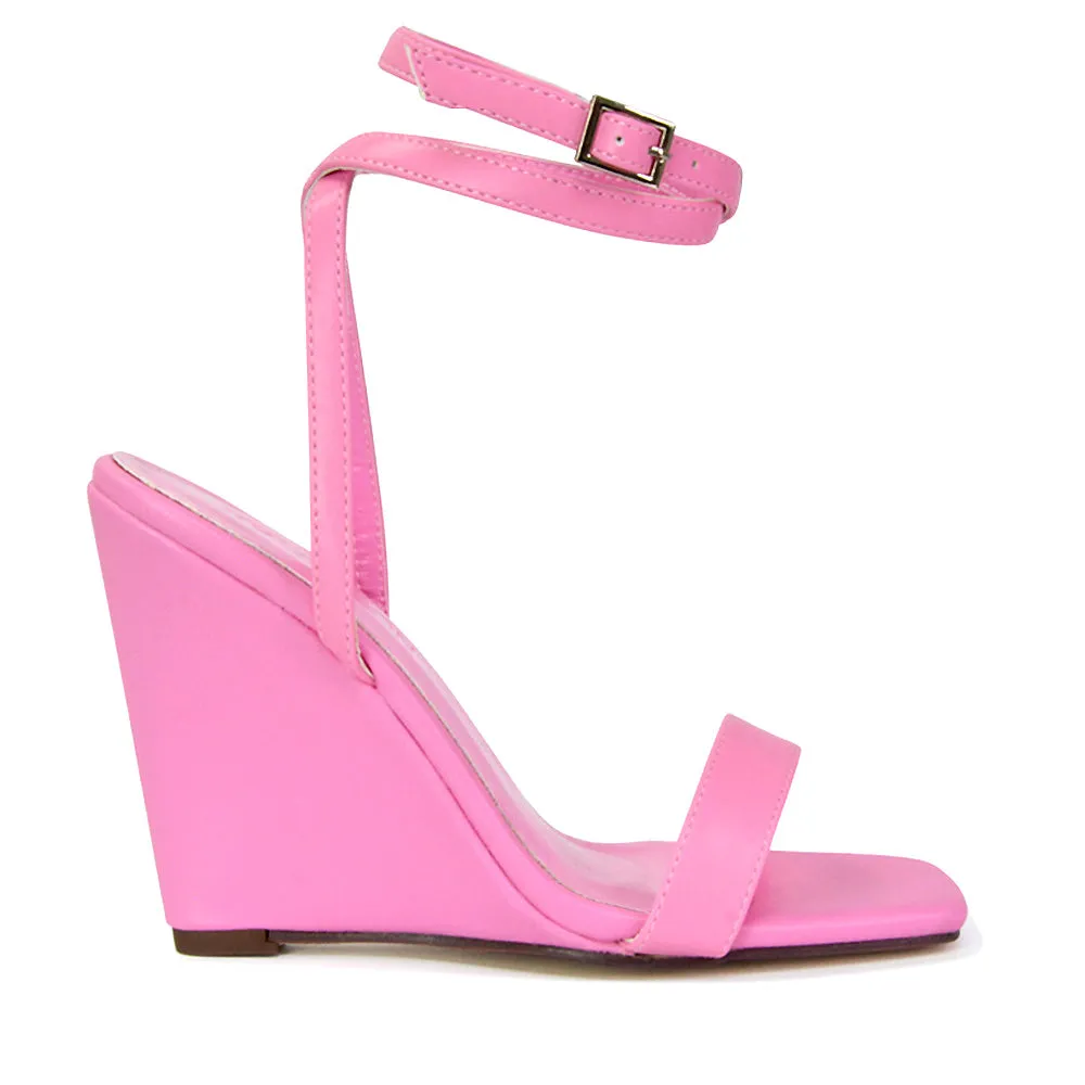Collins Strappy Ankle Strap Wedge High Heels Square Toe Shoes in Lilac