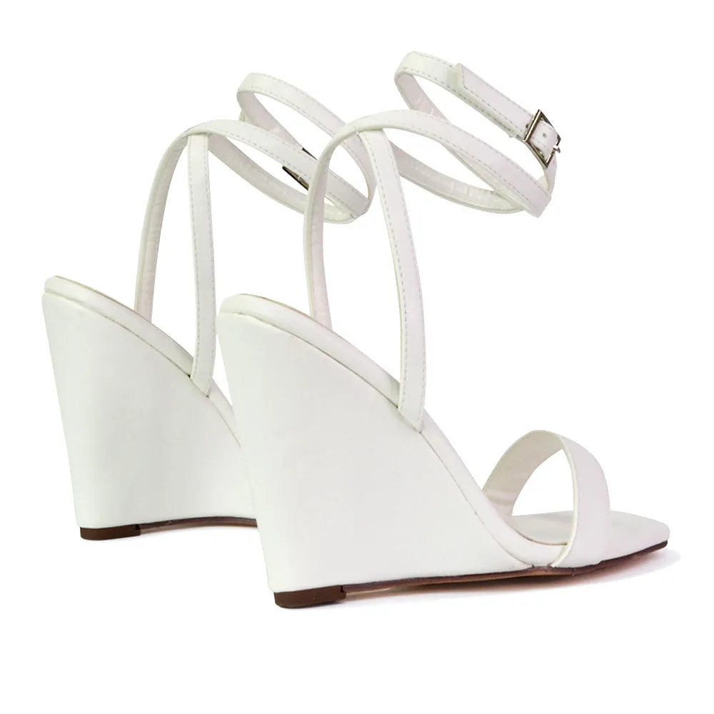 Collins Strappy Ankle Strap Wedge High Heels Square Toe Shoes in Lilac