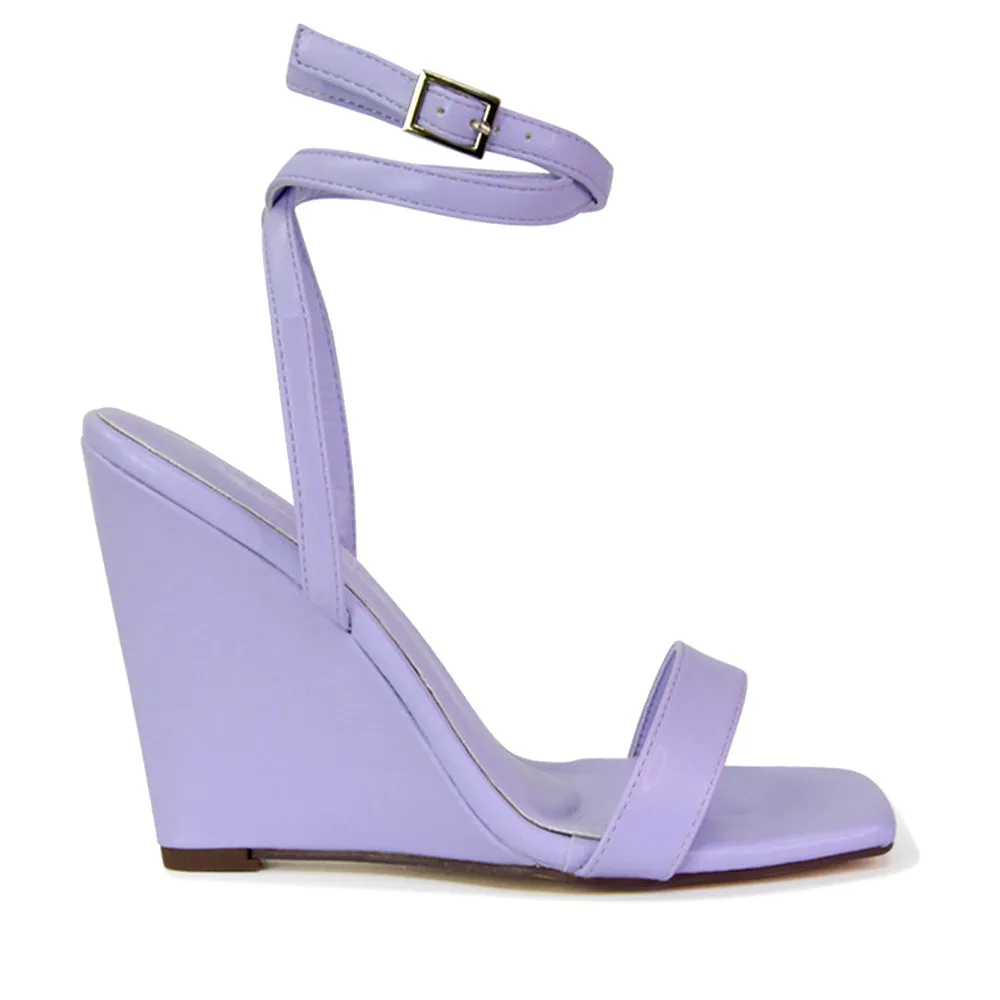 Collins Strappy Ankle Strap Wedge High Heels Square Toe Shoes in Lilac