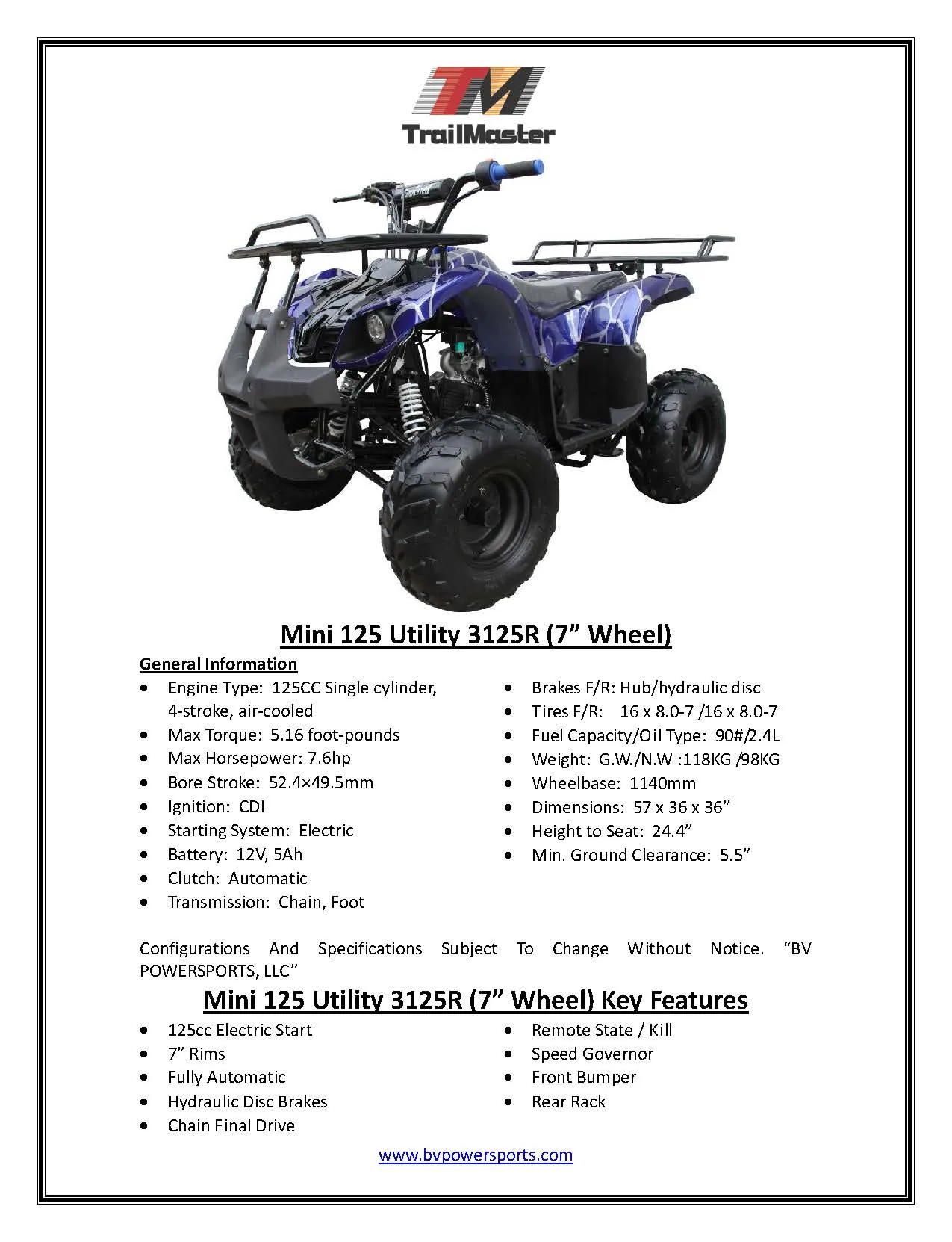 Coolster 3125R Mid-Size Deluxe Utility Youth Quad - 120cc, Automatic with Reverse, Electric Start, Ages 12 and Up