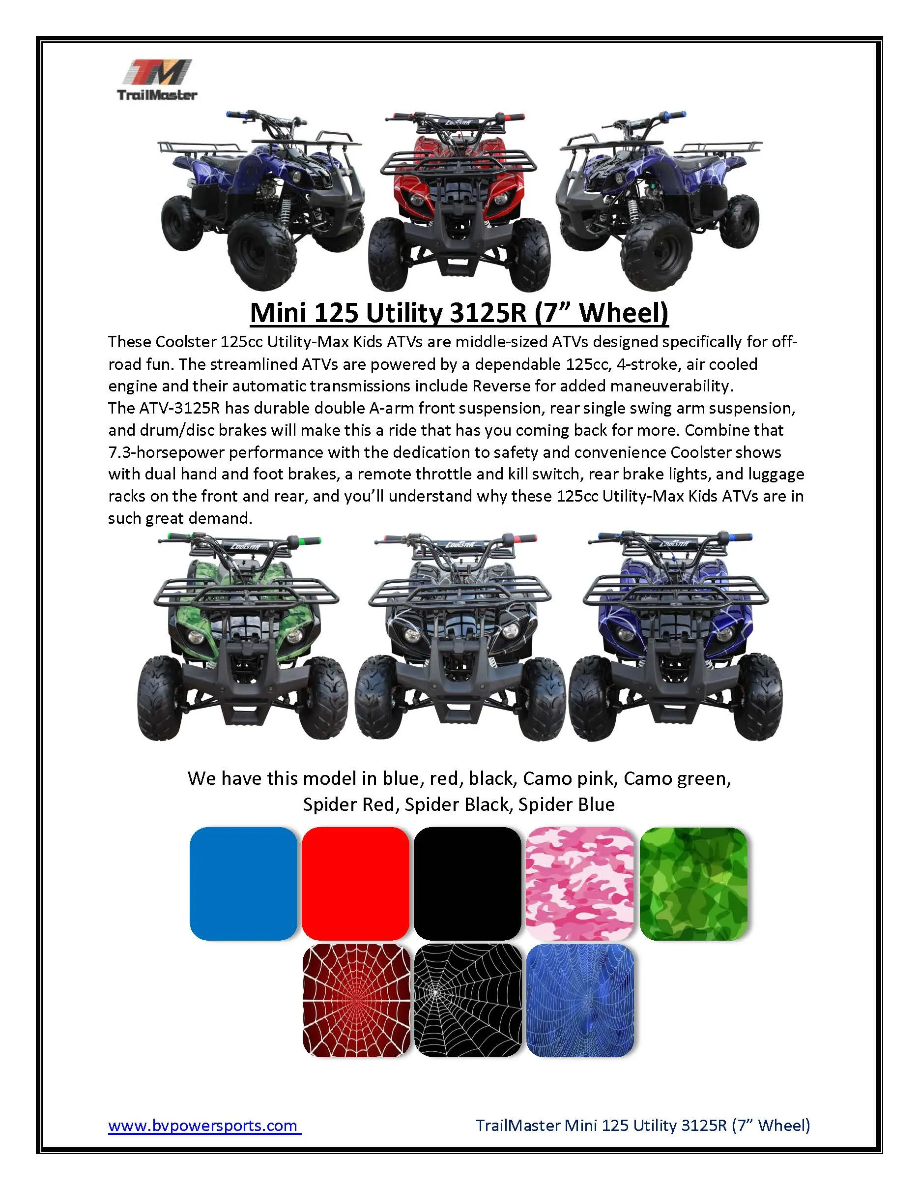Coolster 3125R Mid-Size Deluxe Utility Youth Quad - 120cc, Automatic with Reverse, Electric Start, Ages 12 and Up