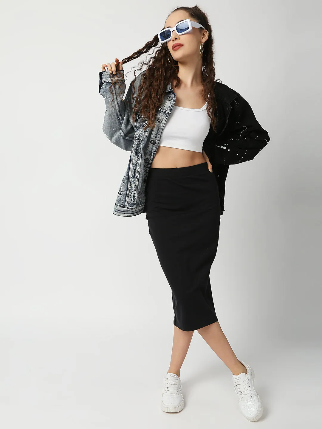 Disrupt Women Black Back Slit Slim Fit Midi Skirt