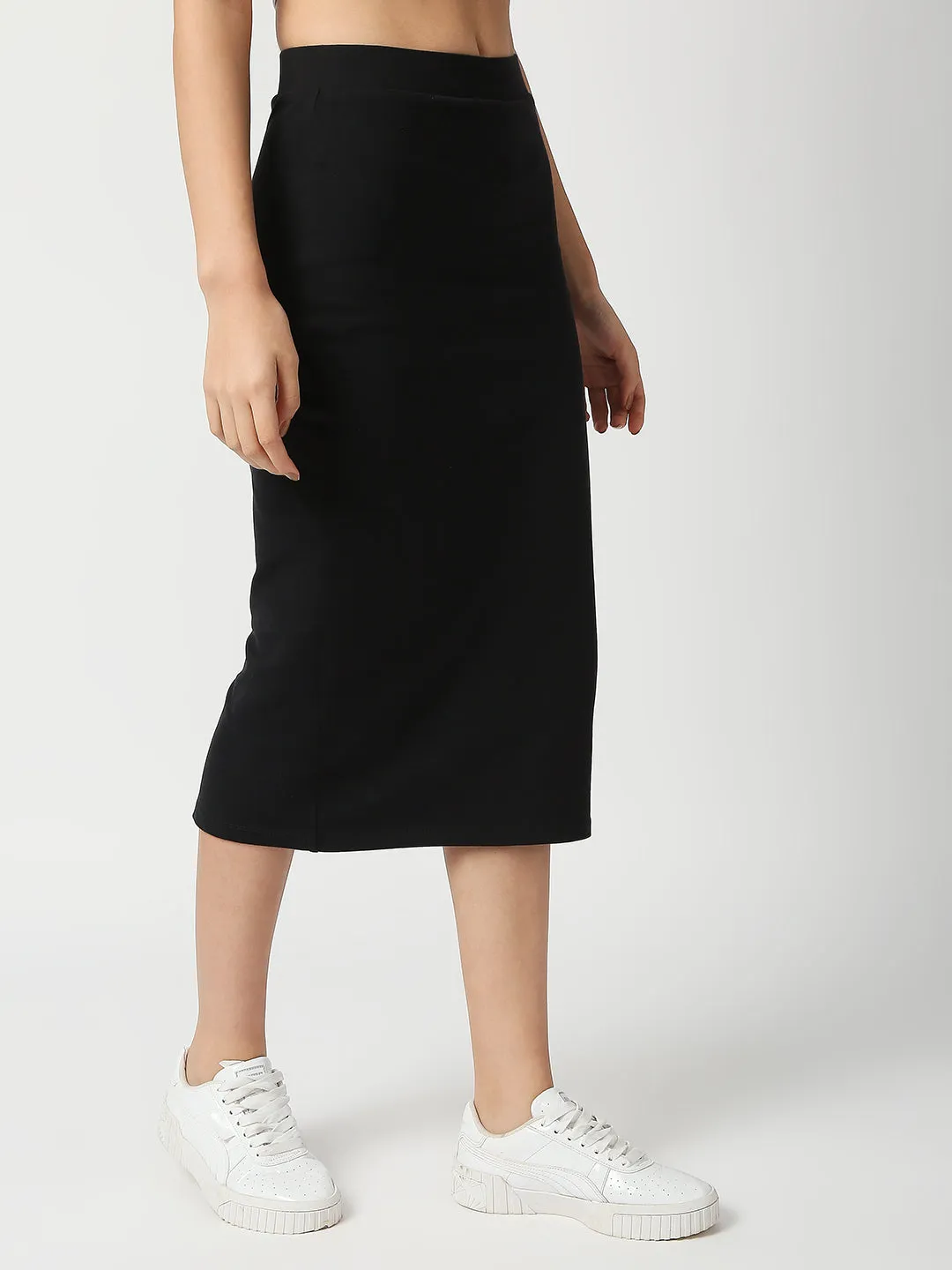 Disrupt Women Black Back Slit Slim Fit Midi Skirt