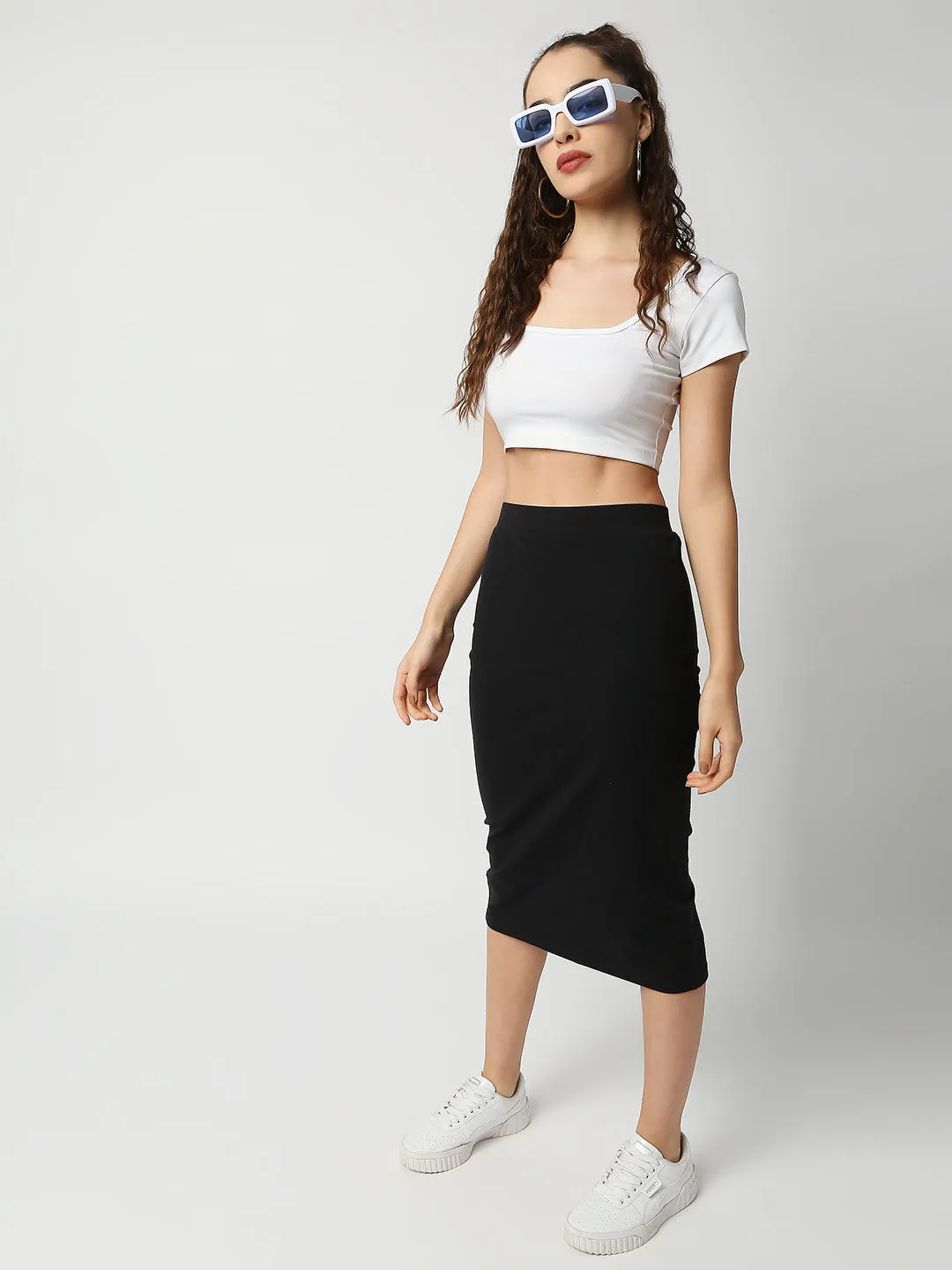 Disrupt Women Black Back Slit Slim Fit Midi Skirt
