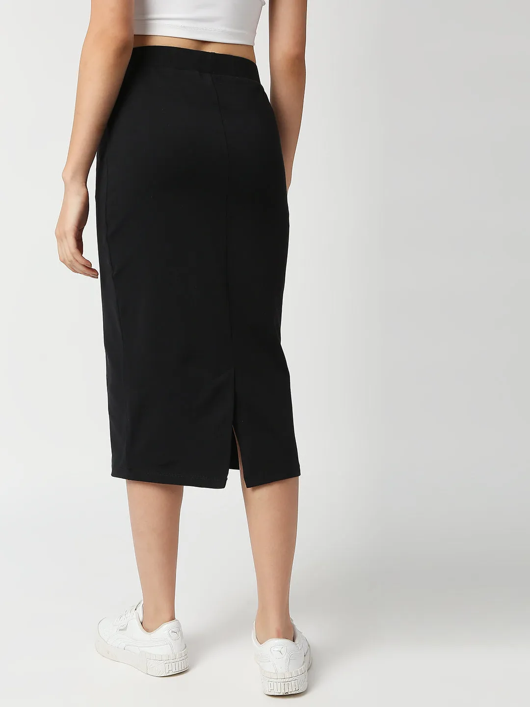 Disrupt Women Black Back Slit Slim Fit Midi Skirt